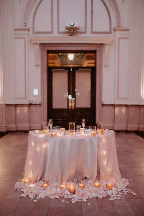 pink wedding reception decor | Glam Wedding with a Rock and Roll Surprise at The Treasury | Cristal + Steven