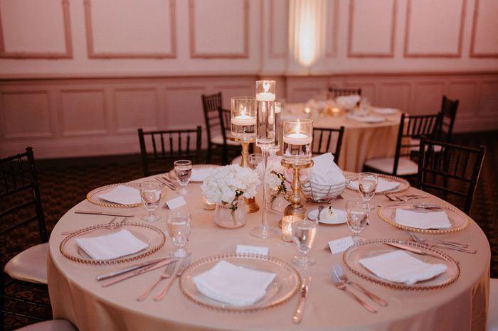 pink wedding reception decor | Glam Wedding with a Rock and Roll Surprise at The Treasury | Cristal + Steven