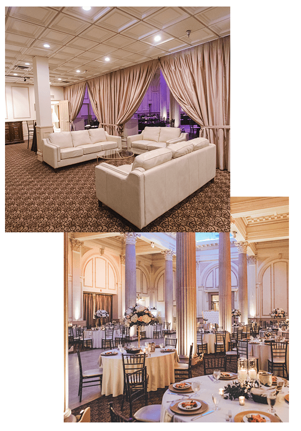 Photo collage of reception ideas. There is one photo set up with comfy white couches and the other is a more traditional set up with tables, chairs, and place settings.