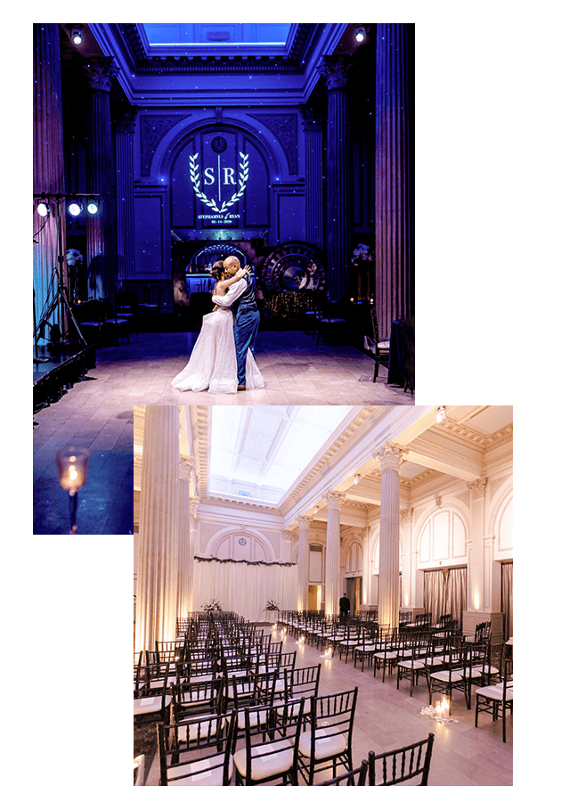 Collage of photos. One is depicting a bride and groom dancing on a dimly lit dance floor and the other is The Treasury on the Plaza ready for a reception