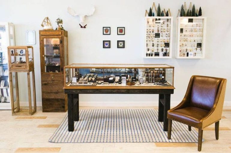 Several jewelry display cases in Nettles Fine Jewelry in St. Augustine.