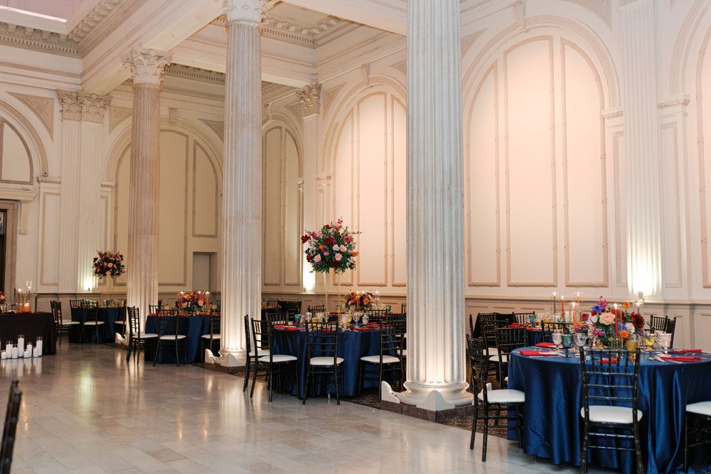Elegant reception décor inside a historic St. Augustine wedding venue.