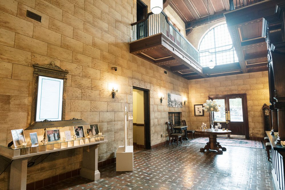 Elegant entrance inside The Treasury on the Plaza historic wedding venue.