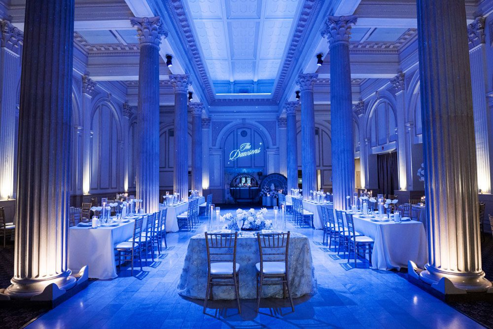 Grand Ballroom reception prepared for wedding dinner service.