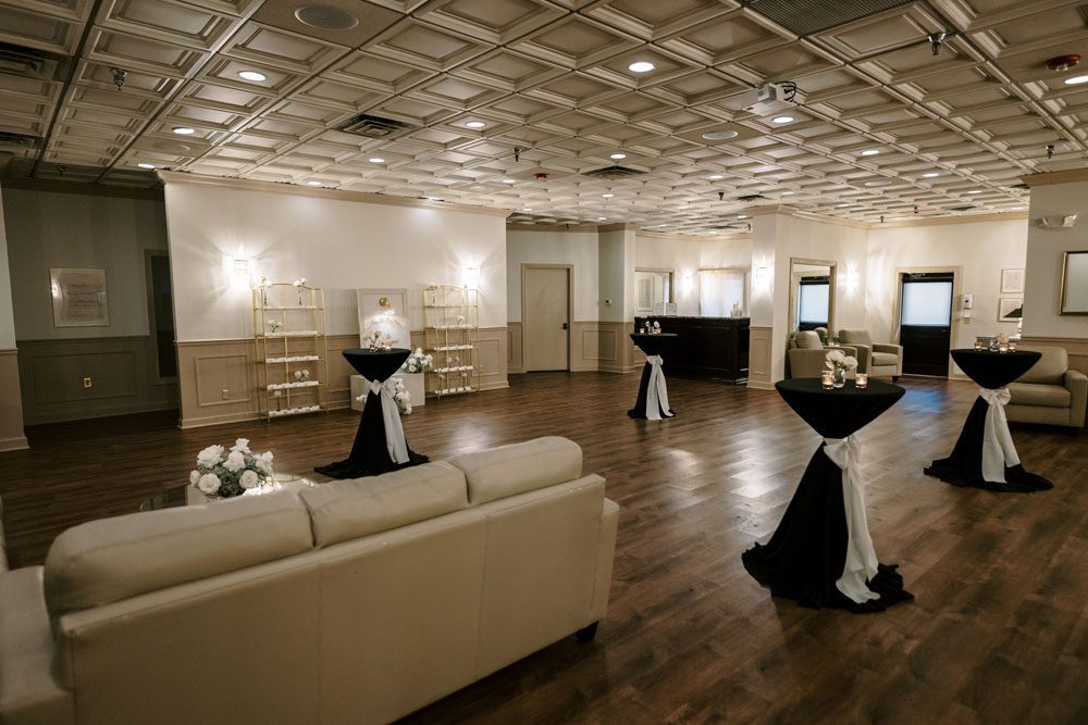 Wedding cocktail hour setup inside the Exchange Gallery at The Treasury on the Plaza.